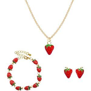Strawberry Jewelry Set Copper Alloy Bracelet Necklace Earrings for Women